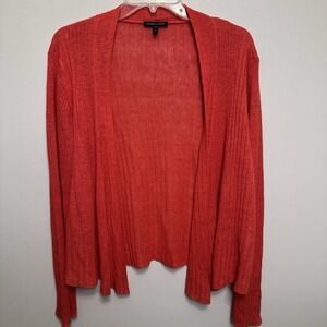 EILEEN FISHER Cardigan SWEATER Coral Pink 100% Linen Rib Knit Waterfall Size M